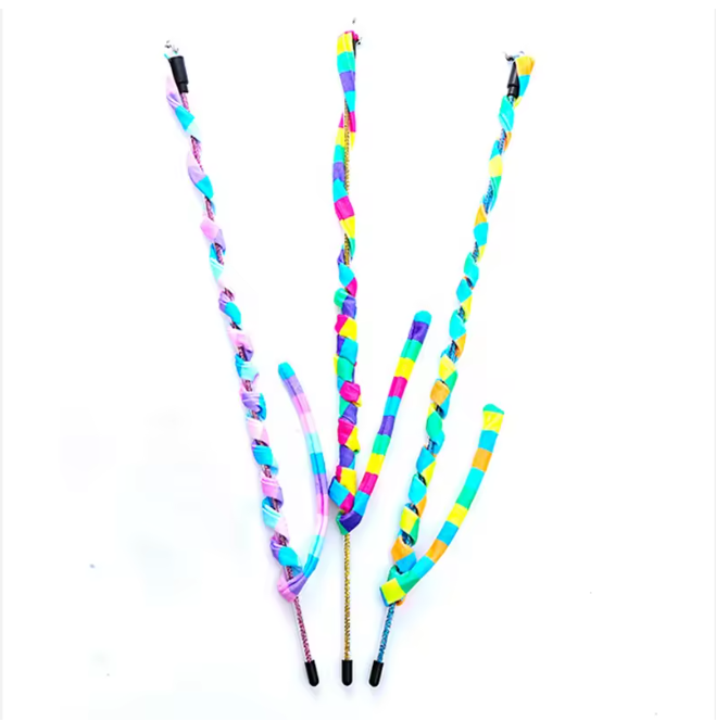 Rainbow striped cat teaser wands with black handles and multiple hanging strands