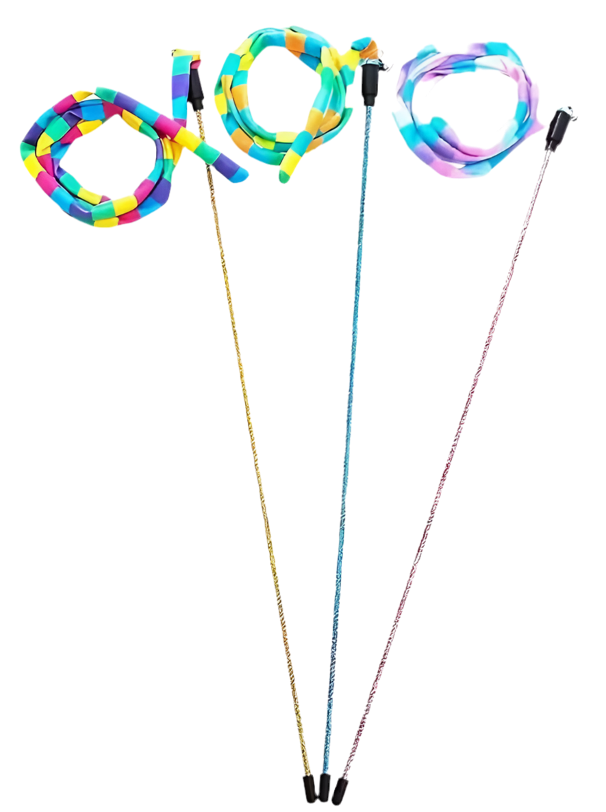 Set of rainbow striped cat teaser wands with black handles and dangling attachments