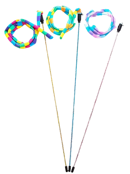 Set of rainbow striped cat teaser wands with black handles and dangling attachments