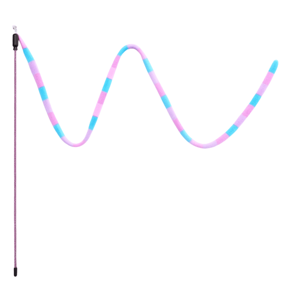 Rainbow striped cat teaser wand with black handle and flexible ribbon wand