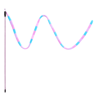 Rainbow striped cat teaser wand with black handle and flexible ribbon wand