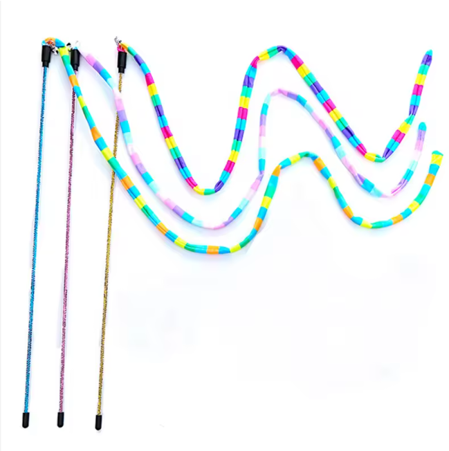 Rainbow striped cat teaser wand set with multiple flexible ribbons and black handles