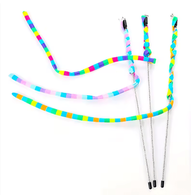 Rainbow striped cat teaser wand with three flexible strands and black end handles
