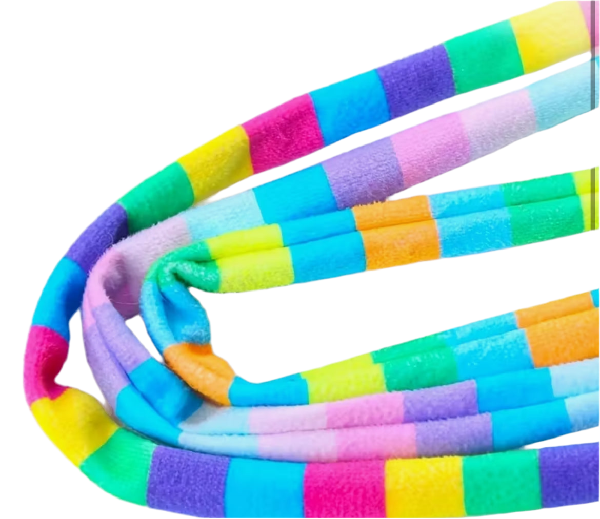 Close-up of rainbow striped braided cat teaser wand tubing in bright colors
