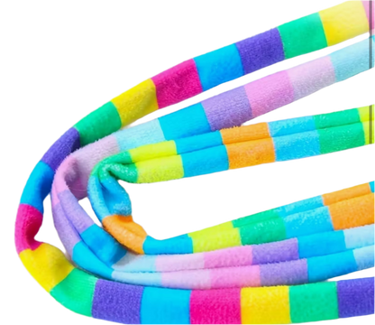 Close-up of rainbow striped braided cat teaser wand tubing in bright colors