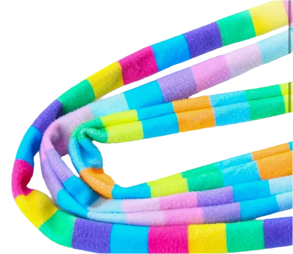 Close-up of rainbow striped braided cat teaser wand tubing in bright colors