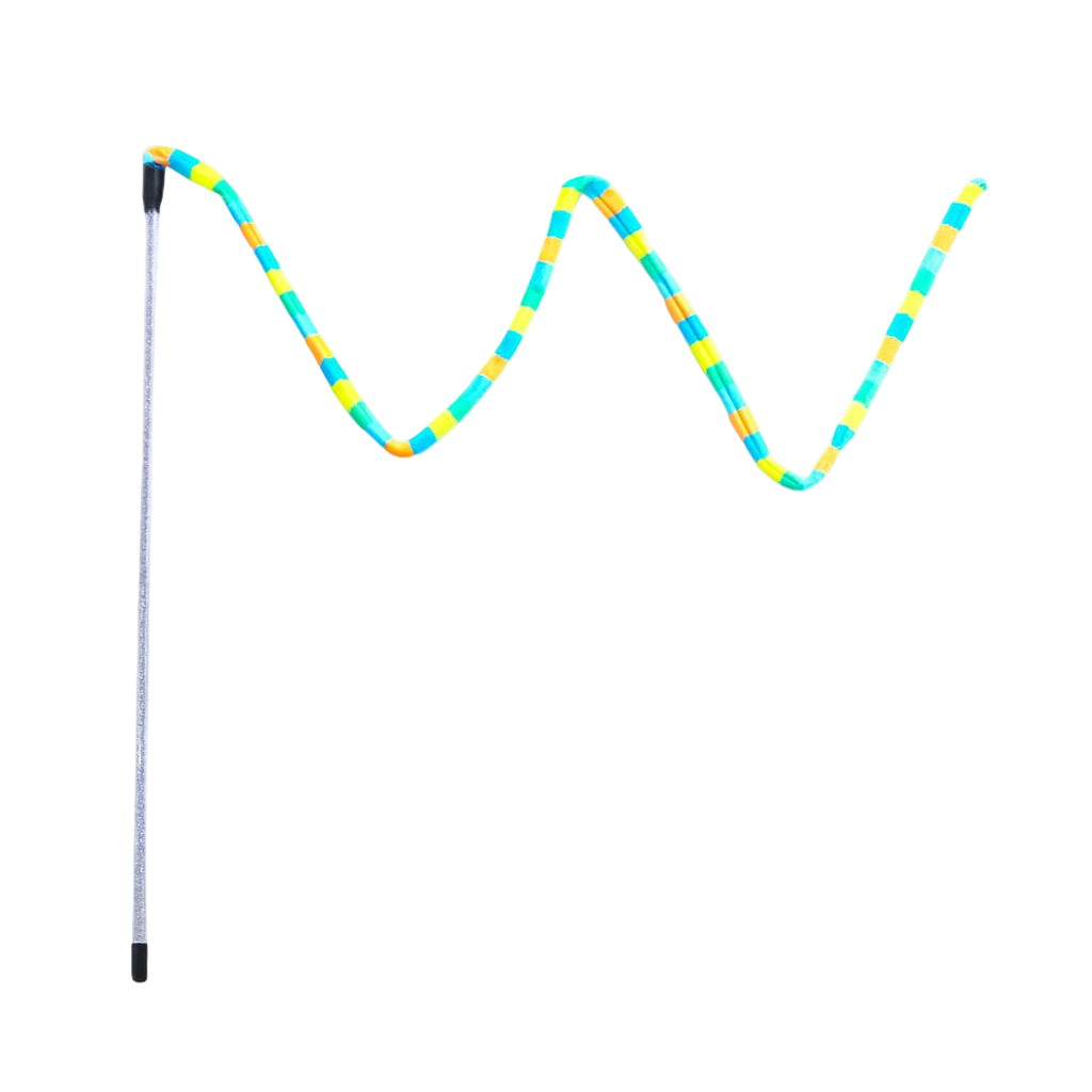 Rainbow striped cat teaser wand with long flexible body and black handle