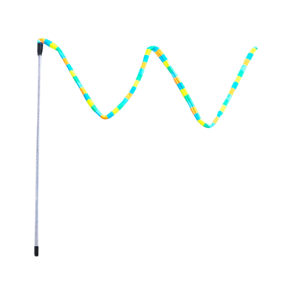 Rainbow striped cat teaser wand with long flexible body and black handle