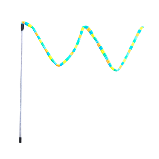 Rainbow striped cat teaser wand with long flexible body and black handle