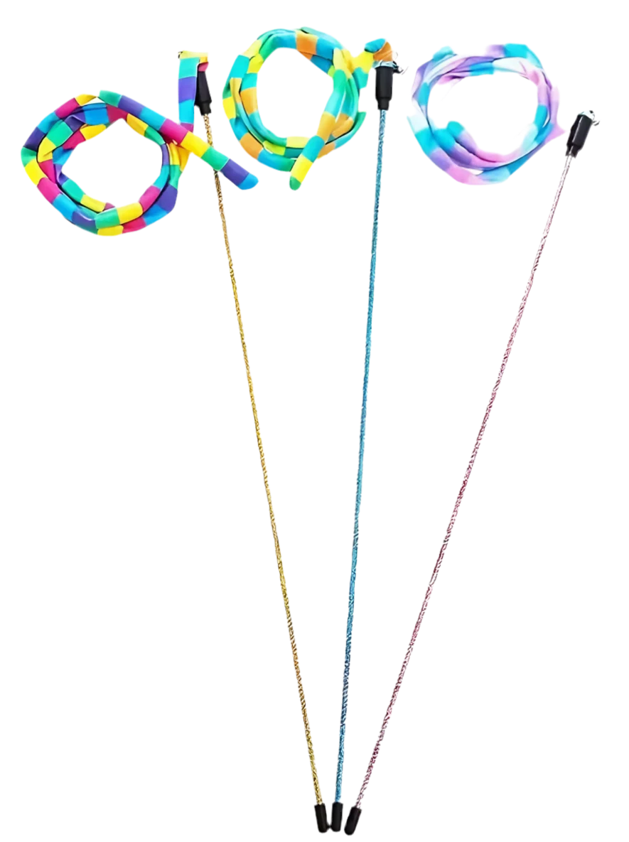 Set of rainbow striped cat teaser wands with black handles and dangling attachments