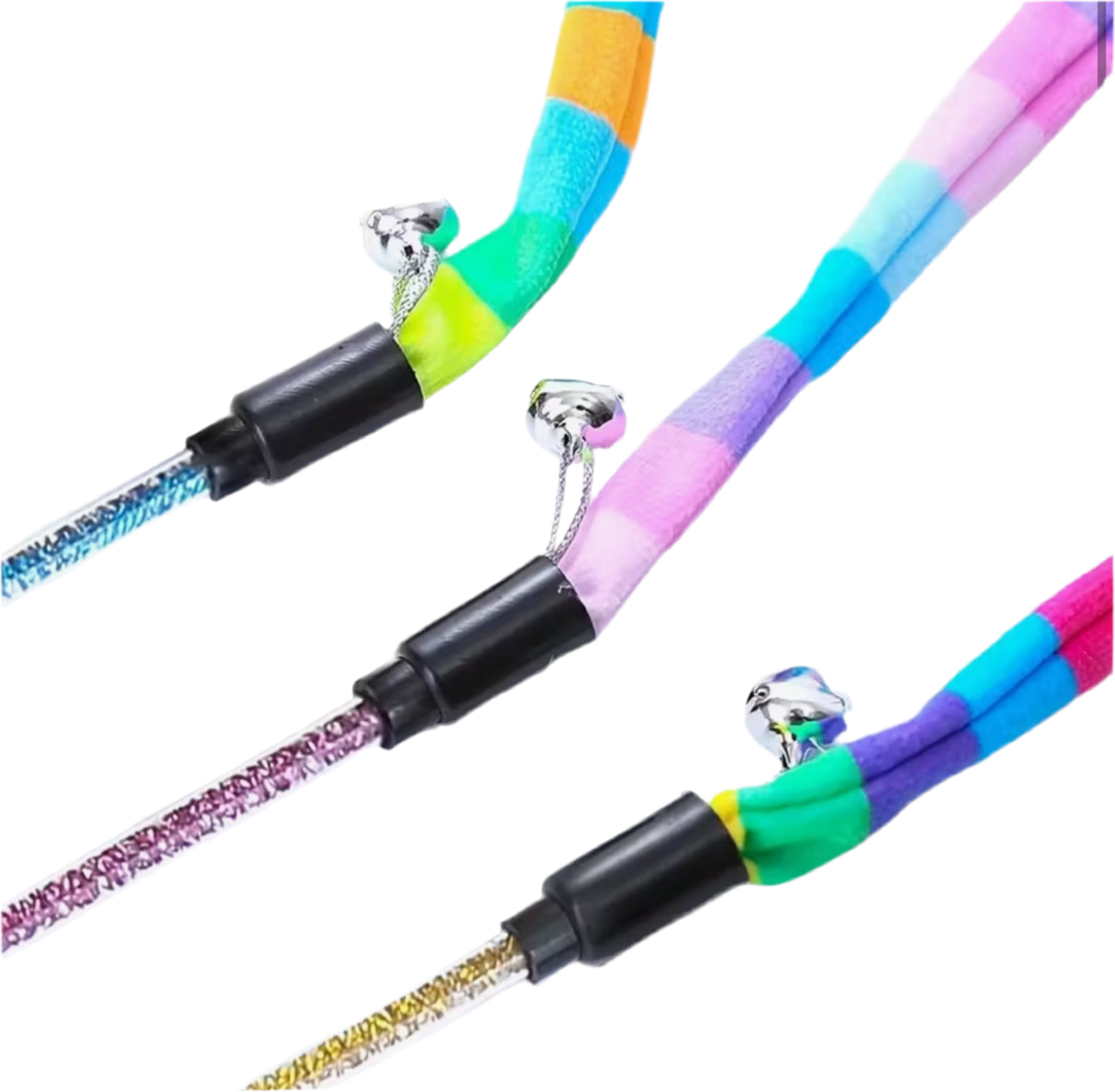 Cat teaser wand with black handle, multicolor striped wand, and small dangling toy