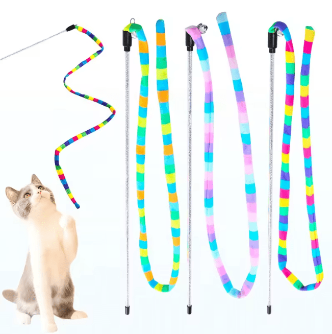 Rainbow striped cat teaser wands shown with a cat for scale, black end handles