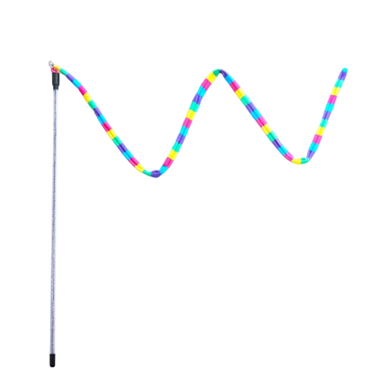 Rainbow striped cat teaser wand with curved flexible tube and black handle