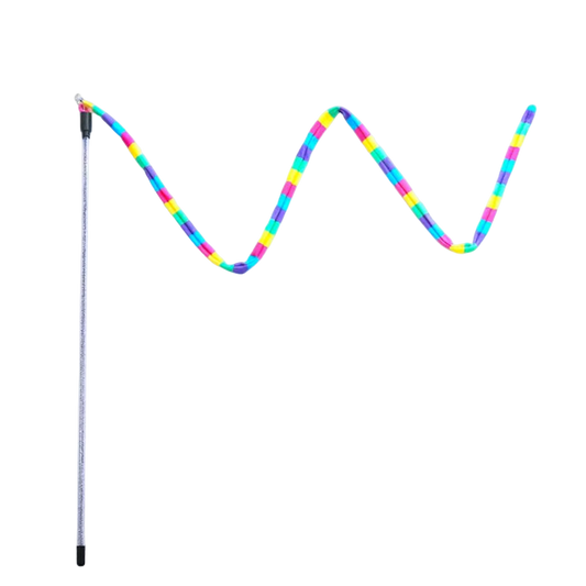 Rainbow striped cat teaser wand with curved flexible tube and black handle