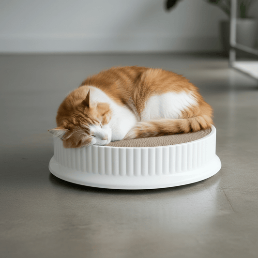 White round cat scratcher bed with gray cardboard top, cat sleeping curled inside