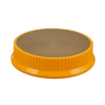 An orange plastic pet scratching bed with a textured brown cardboard surface. 