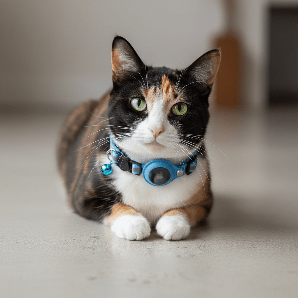 Calico cat wearing blue adjustable AirTag collar with charm and round tag holder