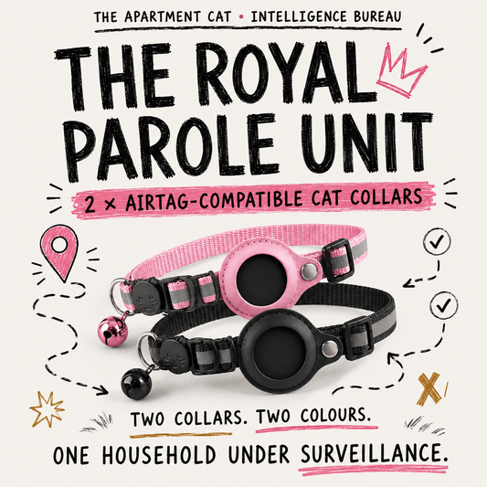 The Royal Parole Unit two AirTag-compatible cat collar bundle in The Apartment Cat doodle style