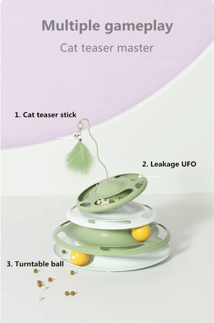 Green interactive cat turntable toy with feather stick and multiple ball tracks