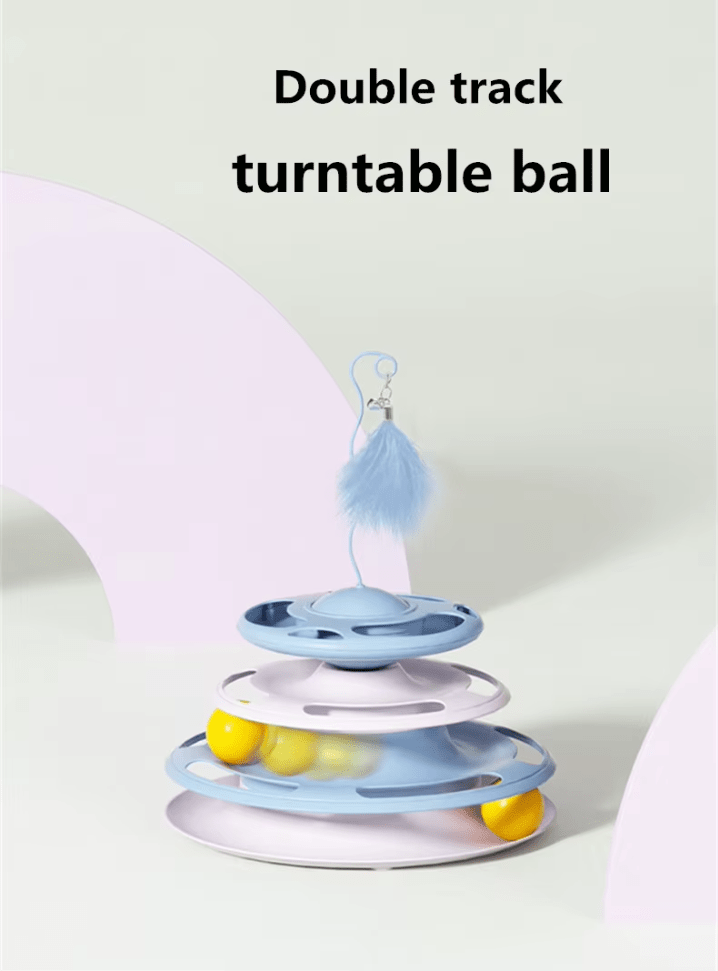 Blue double-track cat turntable toy with feather topper and rolling balls