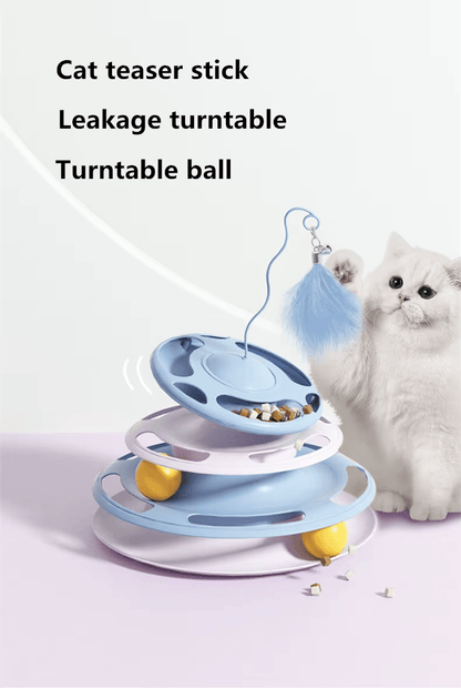Blue interactive cat turntable toy with feather attachment and rolling balls