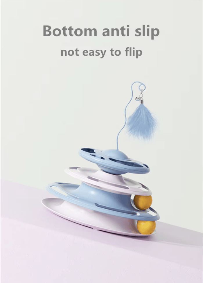 Blue interactive cat turntable toy with feather topper and anti-slip base