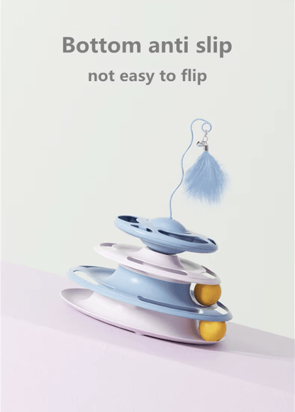 Blue interactive cat turntable toy with feather topper and anti-slip base