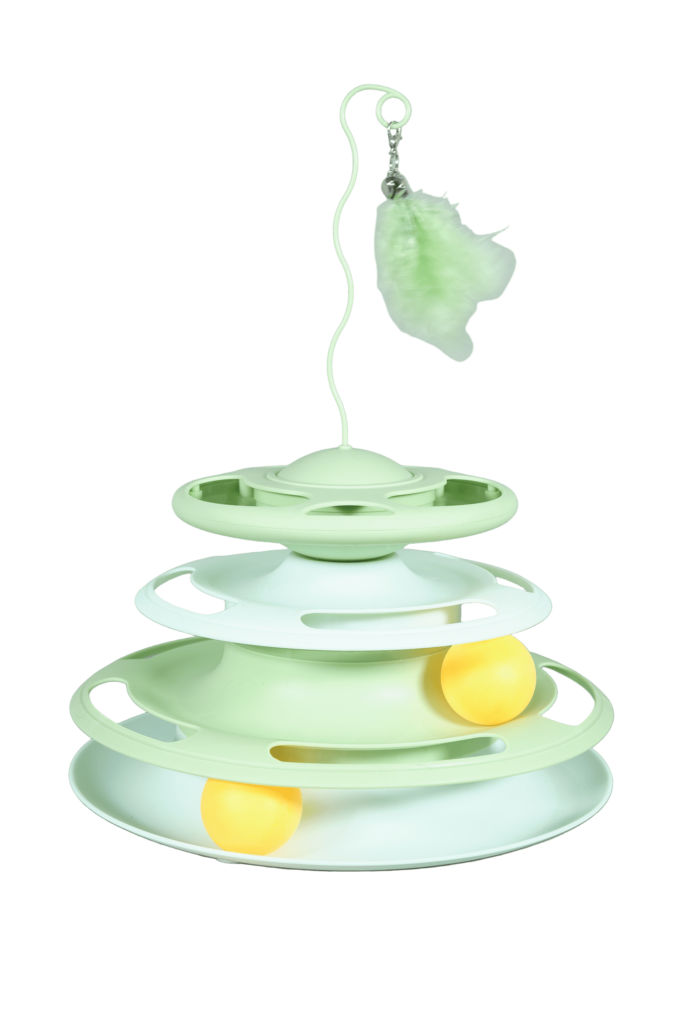 Green interactive cat turntable toy with hanging leaf-style feather and rolling balls