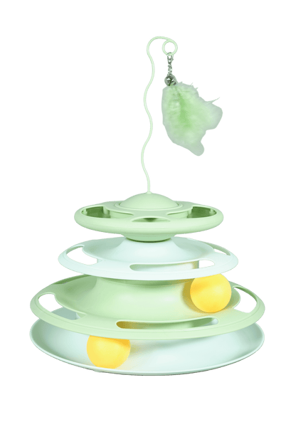 Green interactive cat turntable toy with hanging leaf-style feather and rolling balls