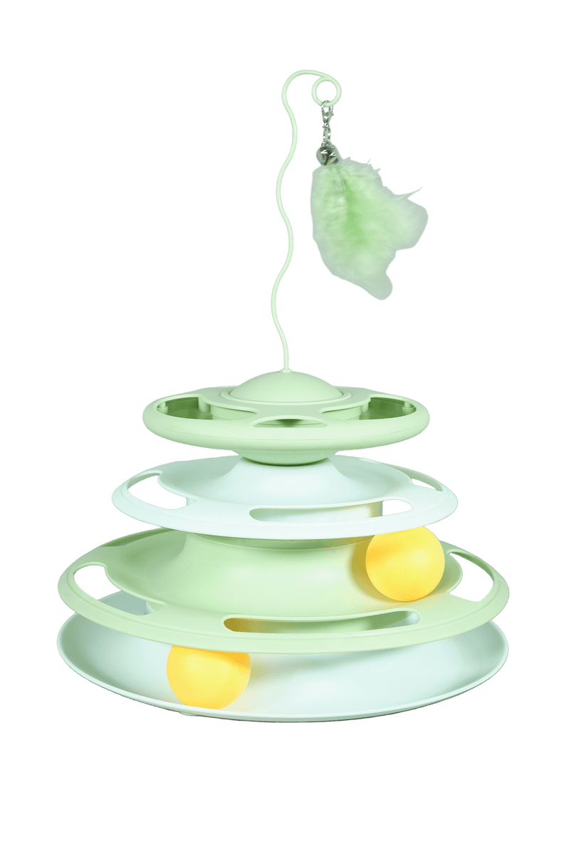 Green interactive cat turntable toy with hanging leaf-style feather and rolling balls