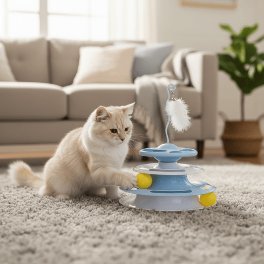 Blue interactive cat toy with feather wand, stacked track and rolling yellow balls