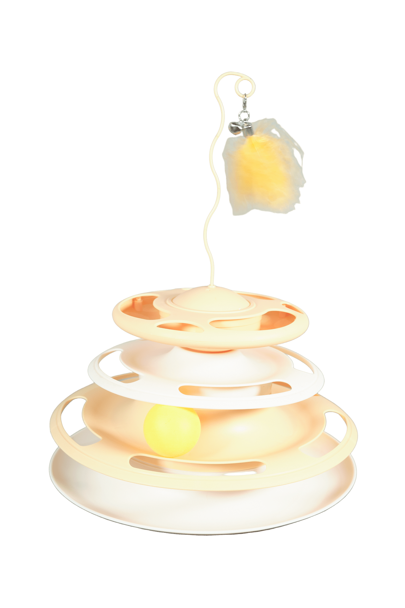 Stacked cat toy with feather wand and rolling yellow balls