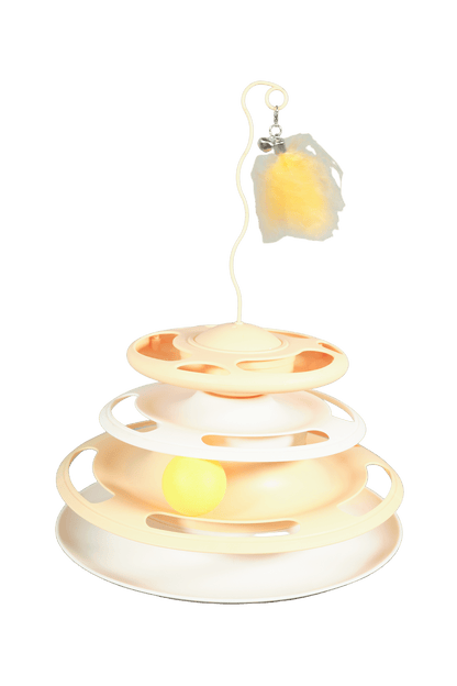 Stacked cat toy with feather wand and rolling yellow balls