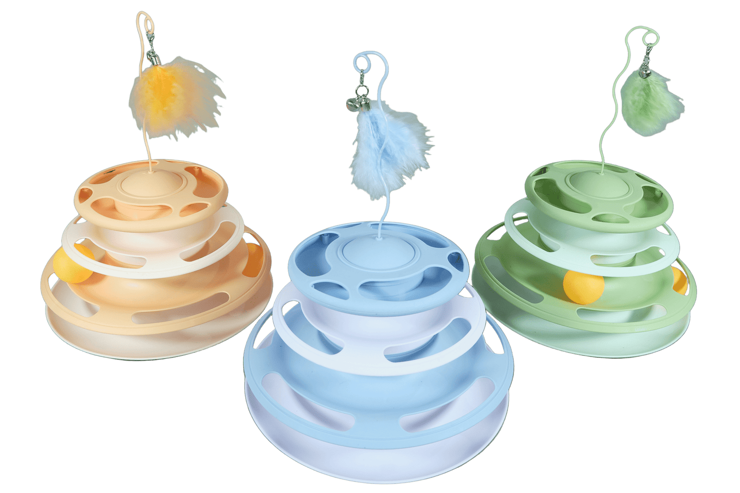 Three-color interactive cat turntable toys: orange, blue, and green with feather