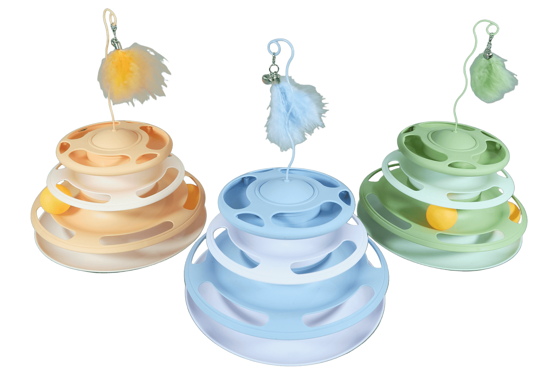 Three-color interactive cat turntable toys: orange, blue, and green with feather