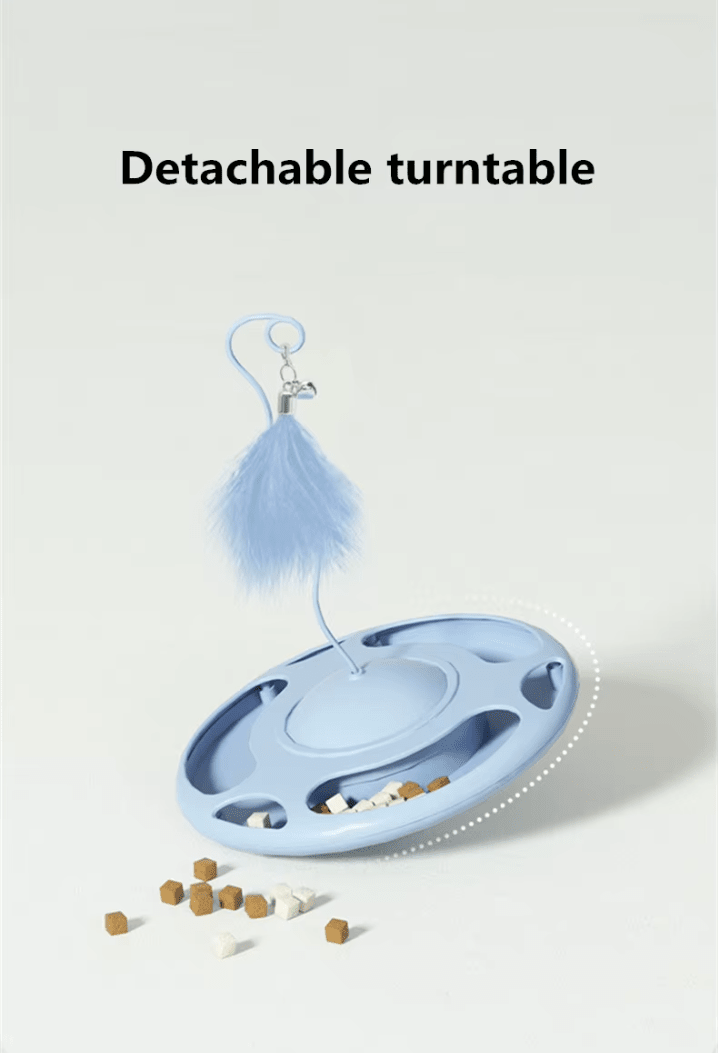 Blue detachable cat turntable toy with hanging feather and snack pieces