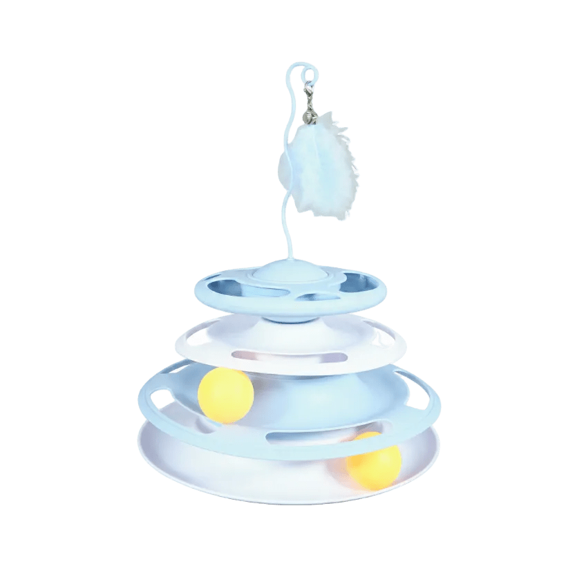 Blue cat turntable toy with hanging white feather and rolling yellow ball