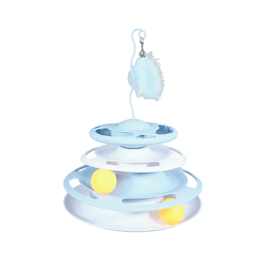 Blue cat turntable toy with hanging white feather and rolling yellow ball