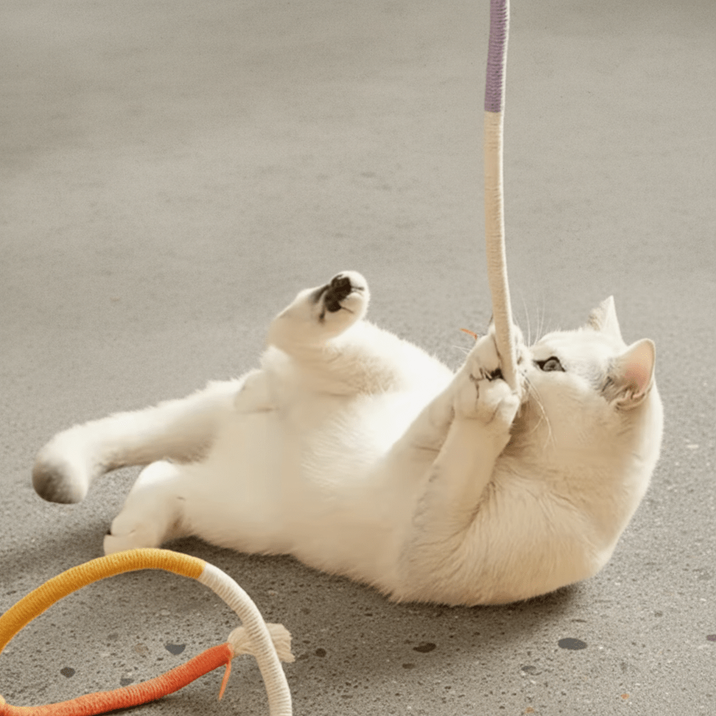 Tassel rope cat chew toy in purple and beige, shown during play