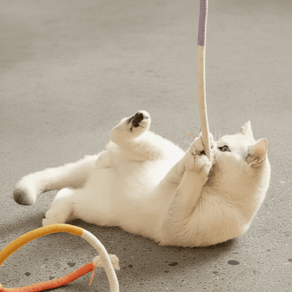Tassel rope cat chew toy in purple and beige, shown during play