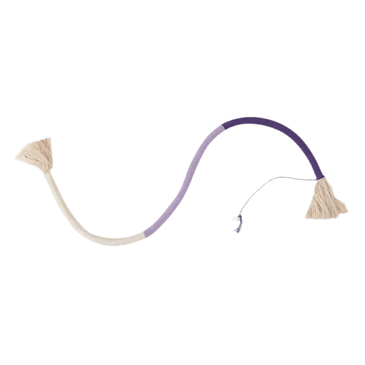 Cat chew toy with purple rope and beige tassel ends