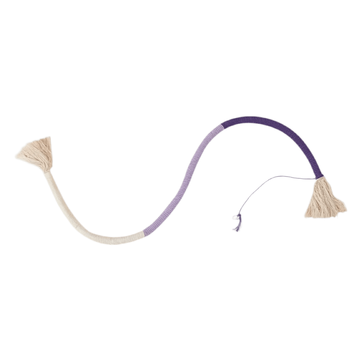 Cat chew toy with purple rope and beige tassel ends