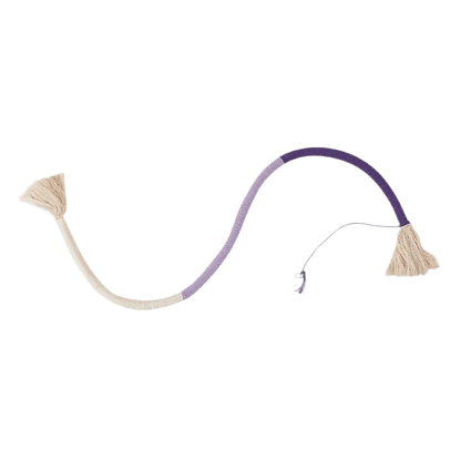 Cat chew toy with purple rope and beige tassel ends