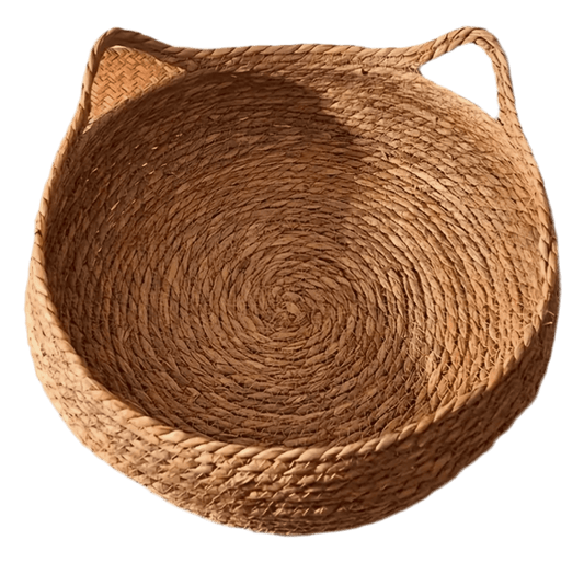 Woven cat bed basket with circular woven pattern and cream padded cushion.