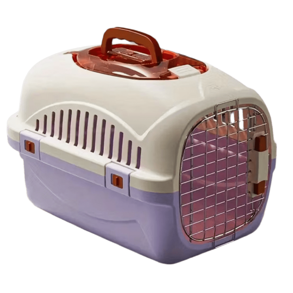 Purple and white top-load ventilated cat carrier with metal front grille and carry handle