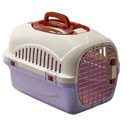 Purple and white top-load ventilated cat carrier with metal front grille and carry handle