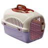 Purple and white top-load ventilated cat carrier with metal front grille and carry handle