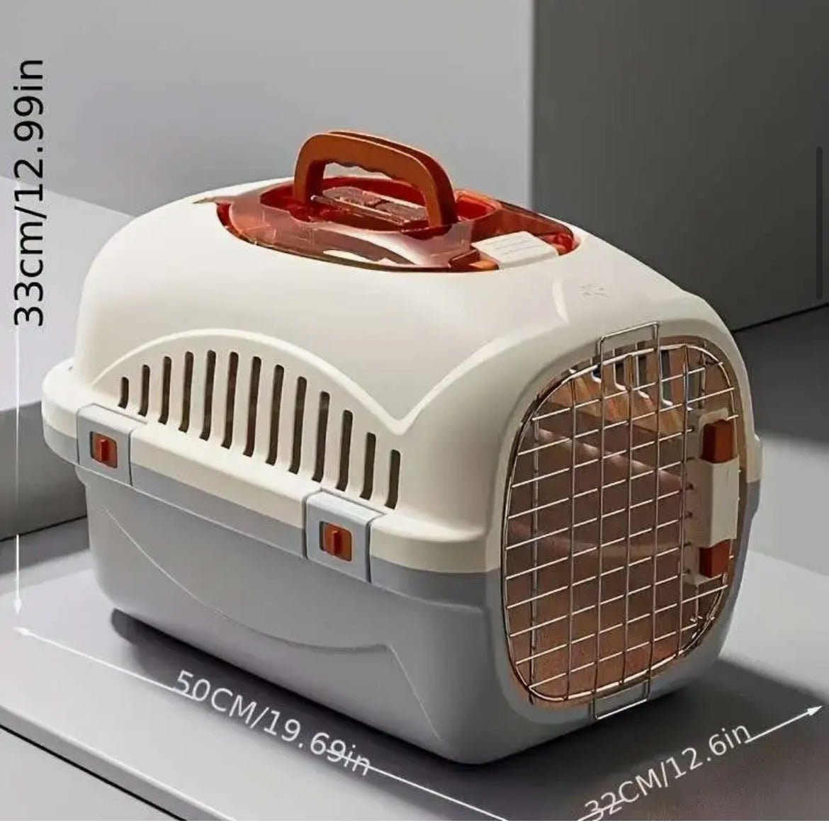 Purple and white top-load ventilated cat carrier with metal front door and handle