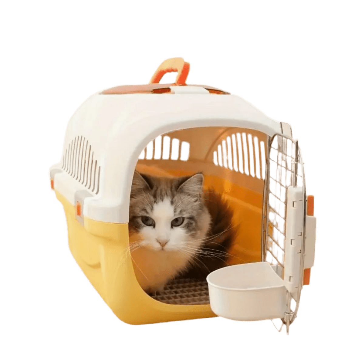 Yellow and white top-load ventilated cat carrier with metal front door and small bowl