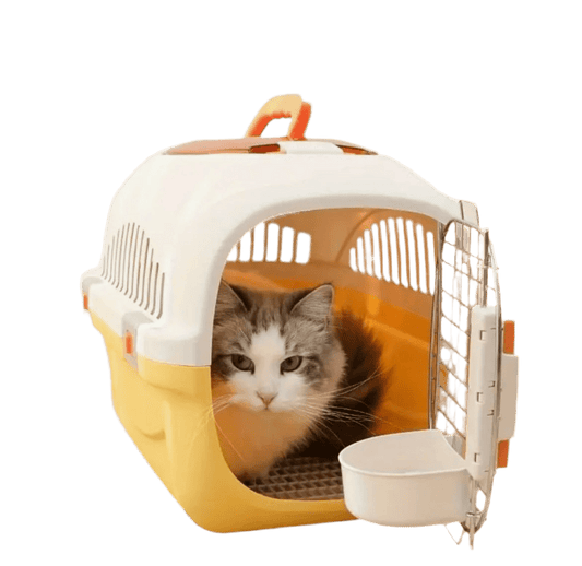 Yellow and white top-load ventilated cat carrier with metal front door and small bowl